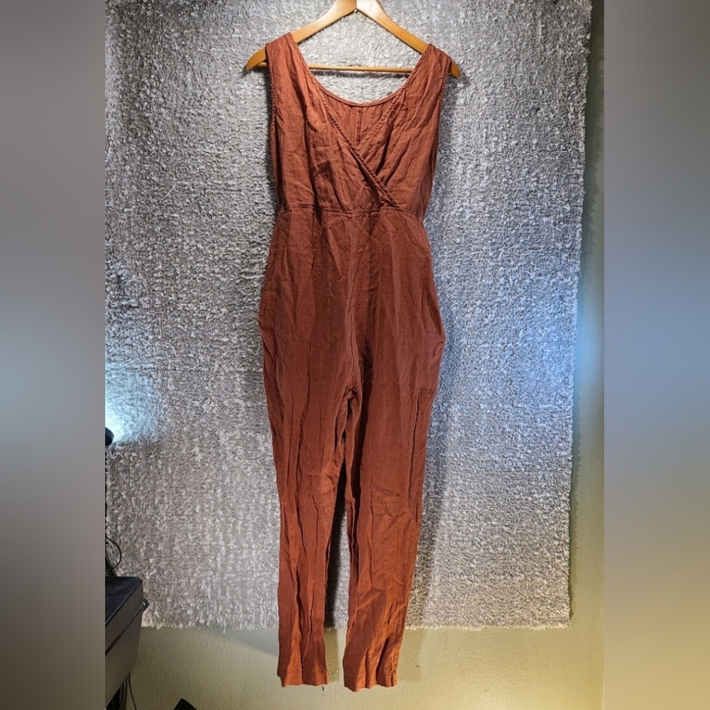 LinenFox Women Linen Jumpsuit XS Back V-neck Pockets Belted Straight Leg